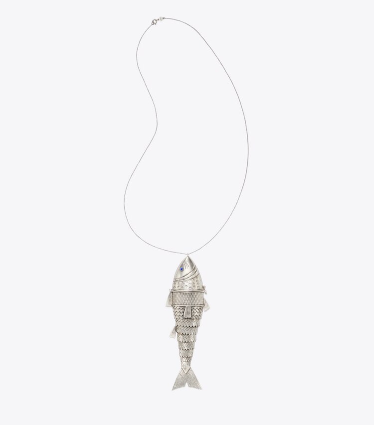 Tory Burch diseñador collares Colgante de pez articulado Runway en Antique Silver frontal