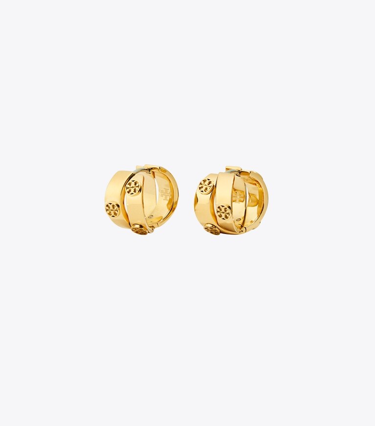 Tory Burch diseñador aretes Colgantes de aro doble Icon en Tory Gold frente
