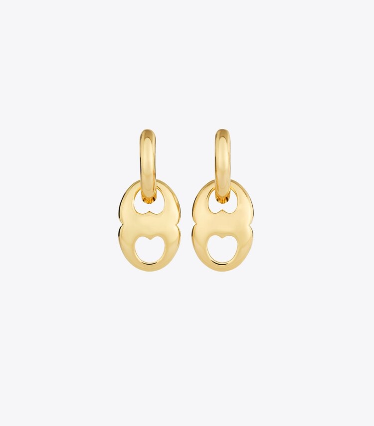 Tory Burch diseñador aretes Colgantes de aro pequeños Gemini Link en Light Brass detalle