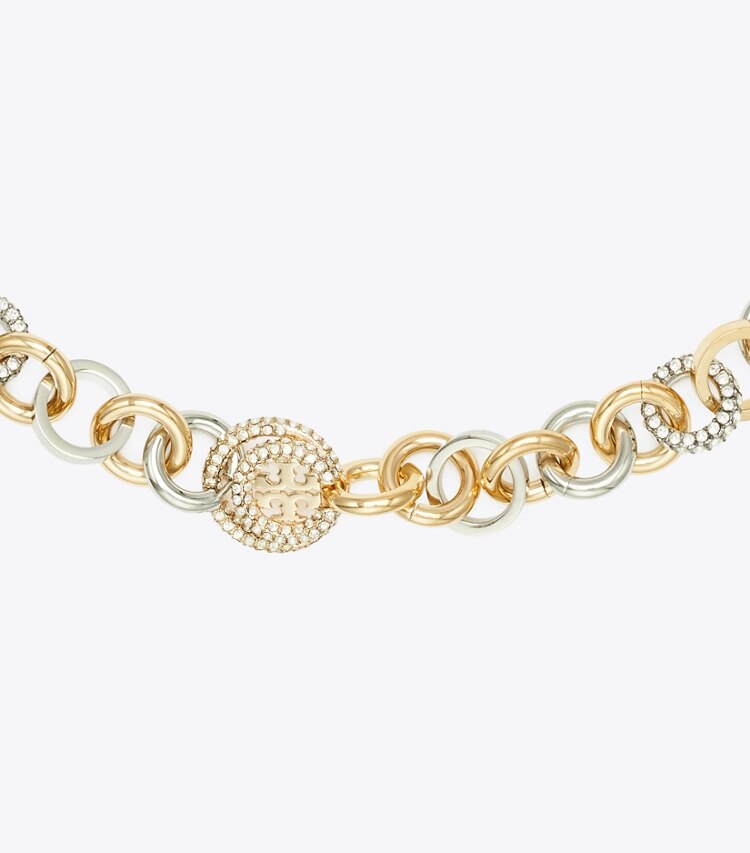 Tory Burch designer collane Collana a catena Icon con pavé in Tory Gold / Tory Silver / Crystal dettaglio
