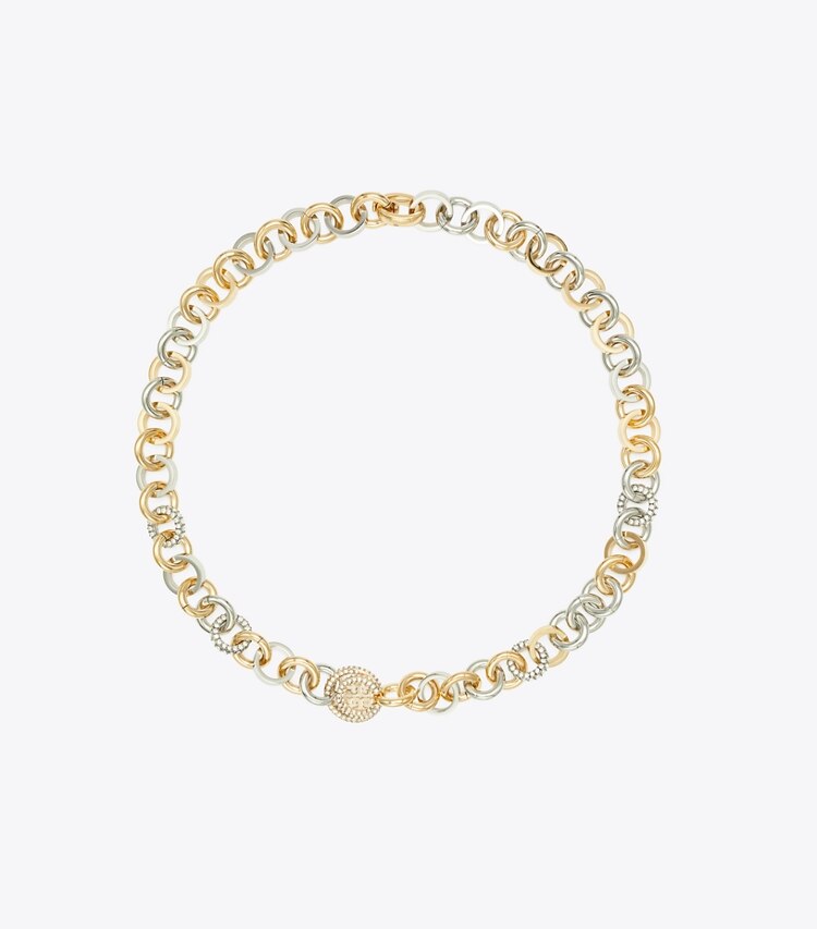 Tory Burch designer collane Collana a catena Icon con pavé in Tory Gold / Tory Silver / Crystal front