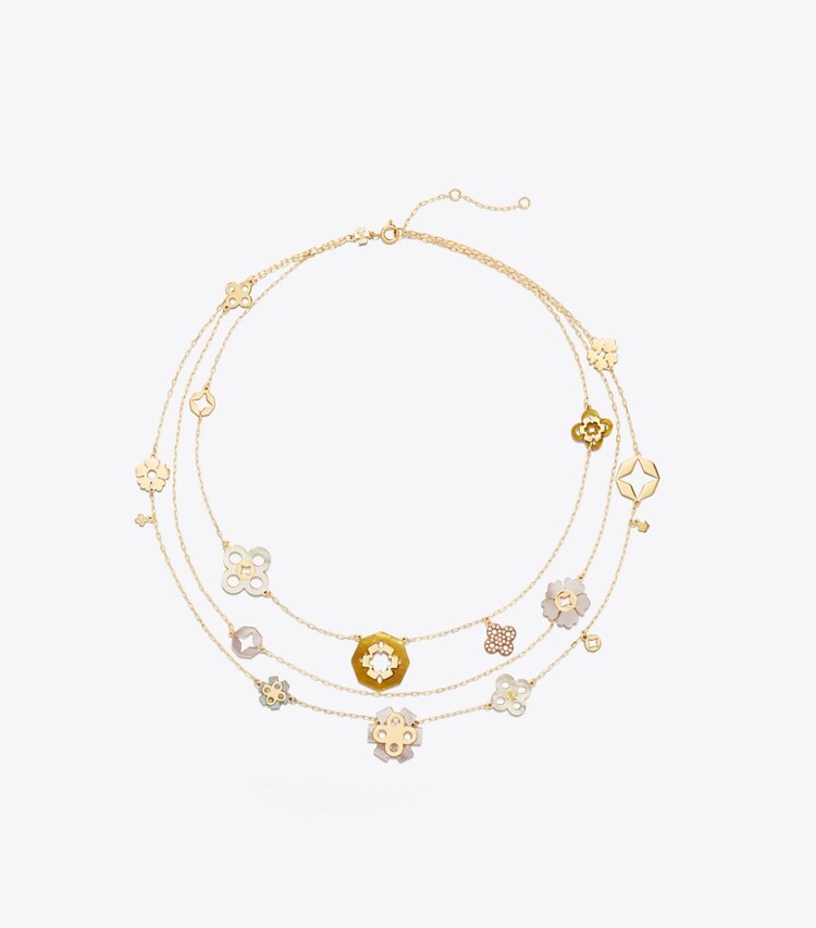 Tory Burch designer collane Collana a più fili Forget Me Not in Tory Gold / MOP Multi front