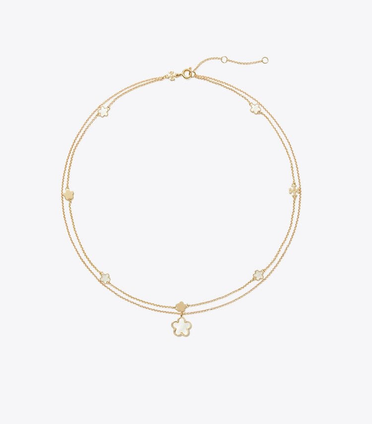 Tory Burch designer collane Collana con ciondolo a fiore effetto layering Forget Me Not in Tory Gold / Mother of Pearl front