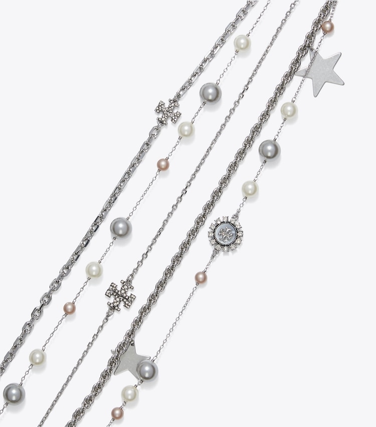 Tory Burch designer collane Collana con perle e cristalli in Tory Silver / Pearl / Crystal dettaglio