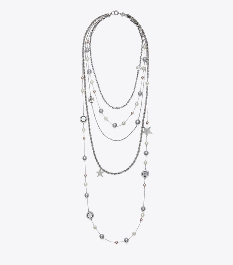 Tory Burch designer collane Collana con perle e cristalli in Tory Silver / Pearl / Crystal front