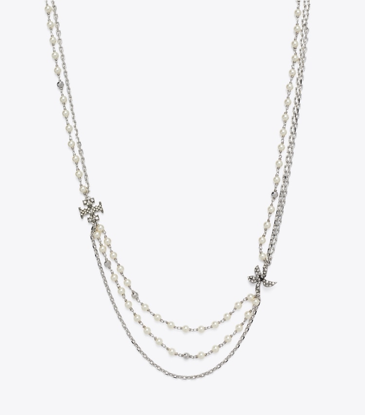 Tory Burch designer collane Collana con perle multistrato Moondance in Tory Silver / Pearl / Crystal dettaglio