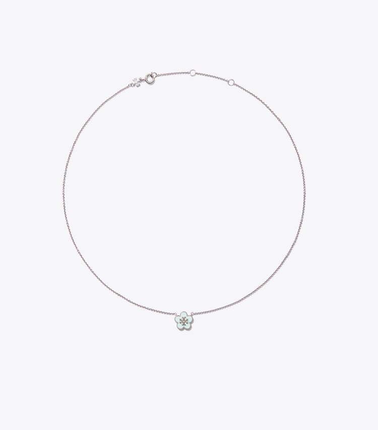 Tory Burch designer collane Collana Forget Me Not con pendente a fiore smaltato in Tory Silver / Light Green front