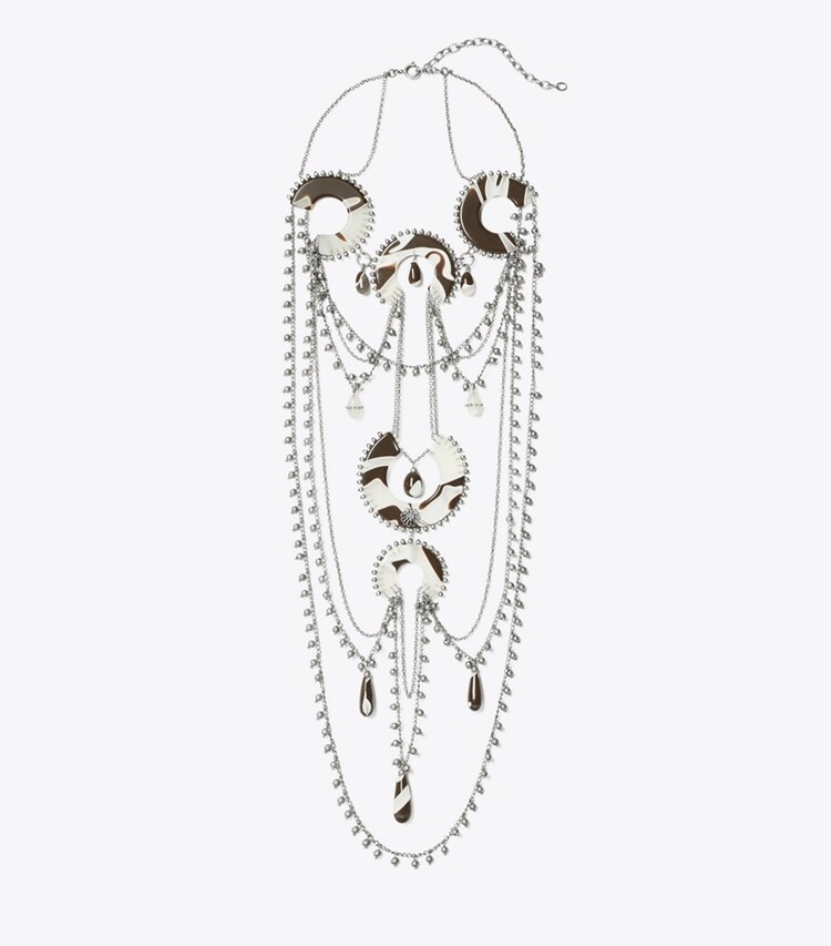 Tory Burch designer collane Collana in perline e resina in Antique Tory Silver / Multi front