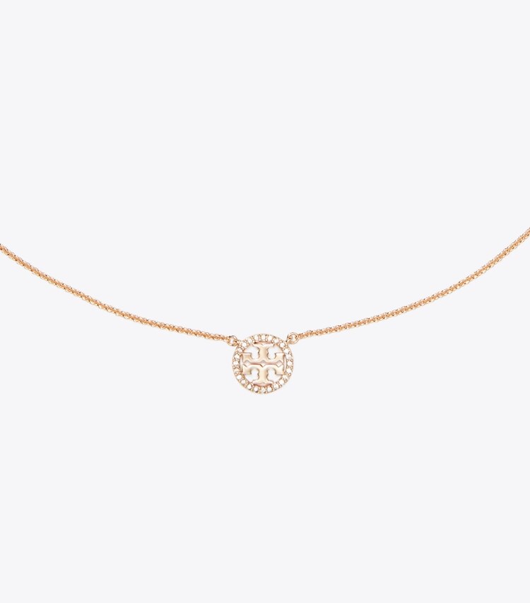 Tory Burch designer collane Collana sottile Icon con logo pavé in Rose Gold/Crystal dettaglio