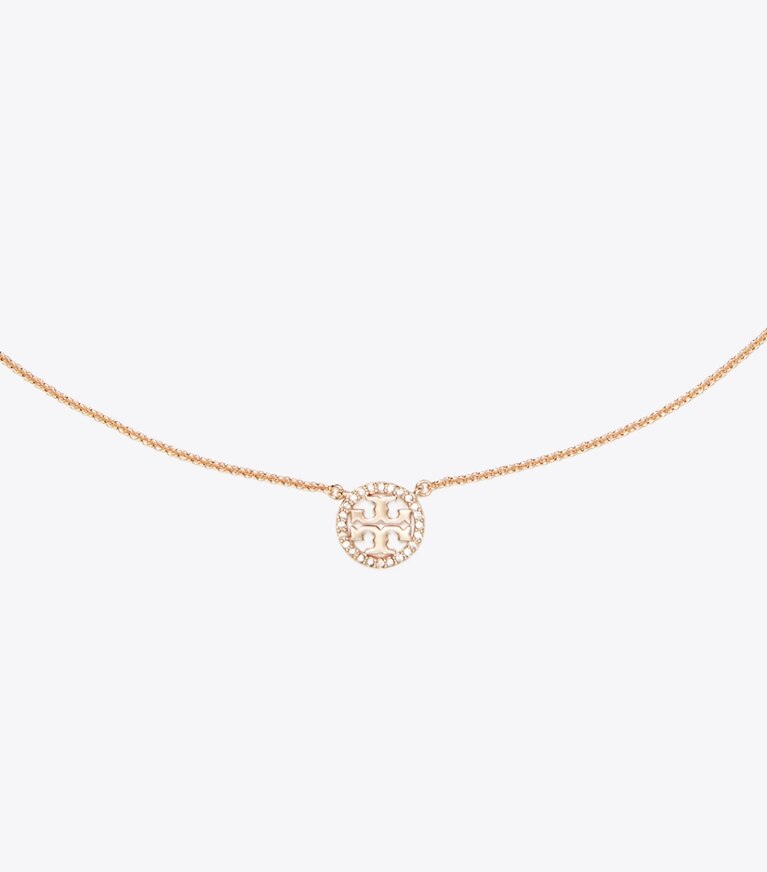 Tory Burch designer collane Collana sottile Icon con logo pavé in Rose Gold/Crystal dettaglio