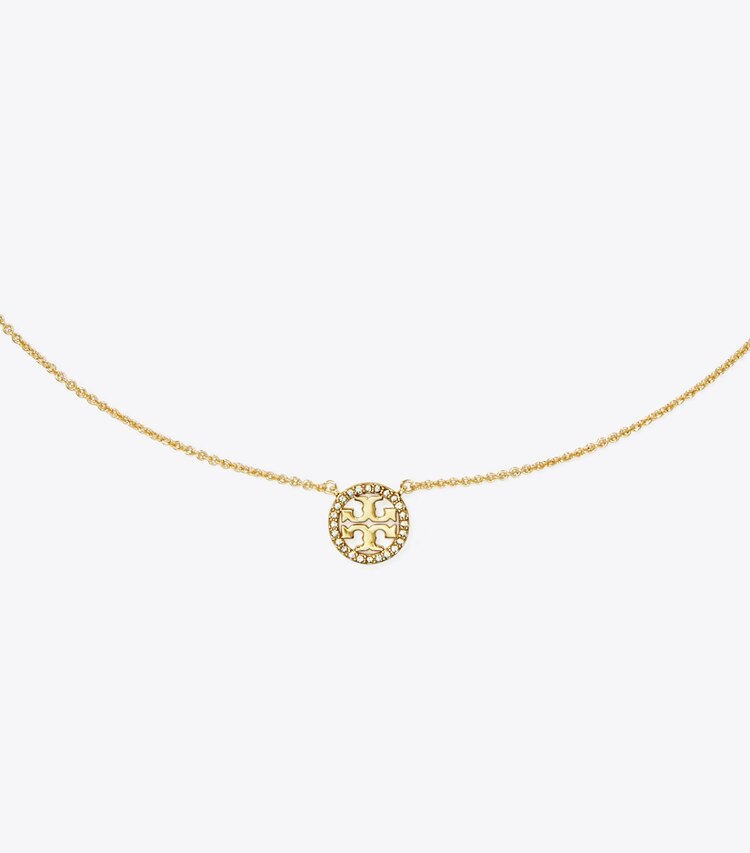 Tory Burch designer collane Collana sottile Icon con logo pavé in Tory Gold/Crystal dettaglio
