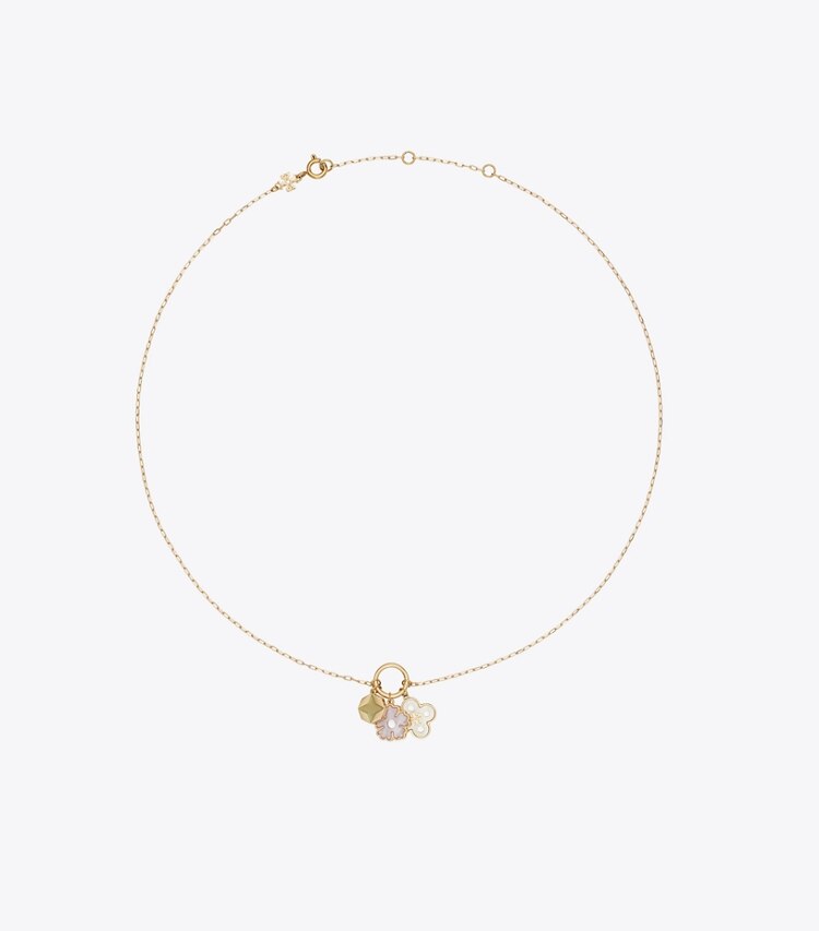 Tory Burch diseñador collares Collar con colgante de dije Forget Me Not en Tory Gold / Mother of Pearl frente