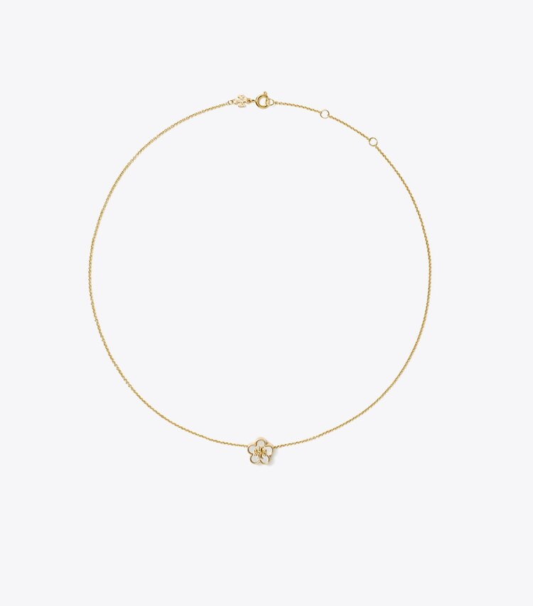 Tory Burch diseñador collares Collar con colgante Forget Me Not en Tory Gold / Mother of Pearl frente