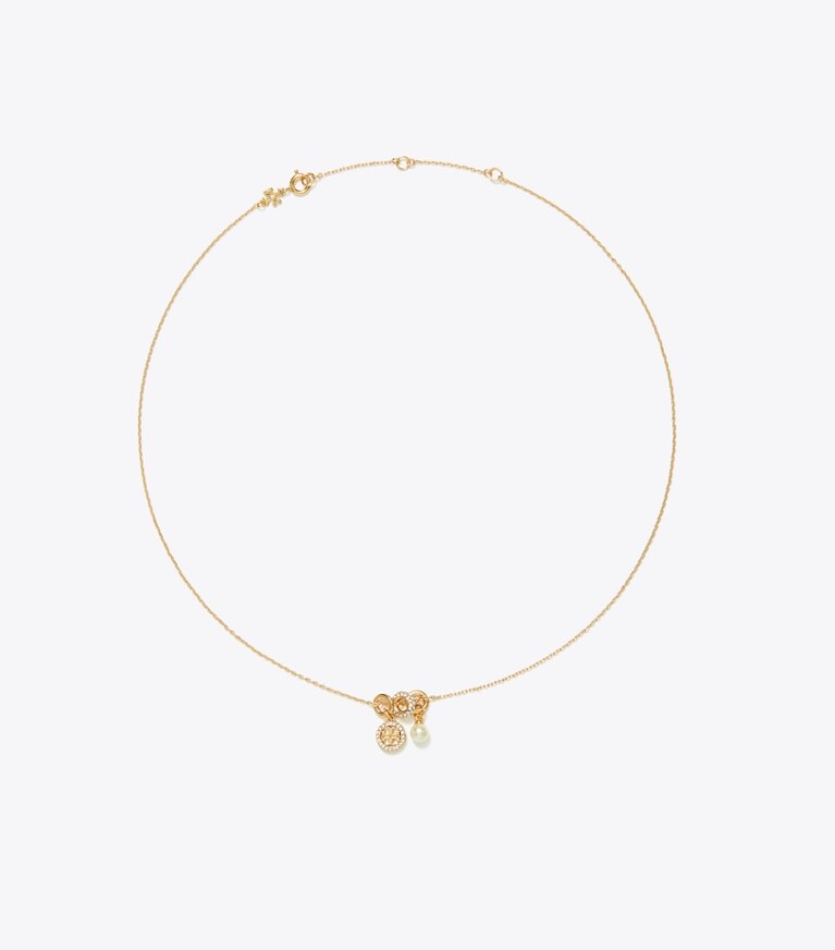 Tory Burch diseñador collares Collar con colgante y dije en pavé Icon en Tory Gold / Crystal / Pearl frente