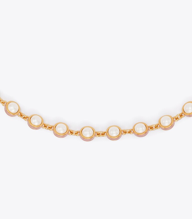 Tory Burch diseñador collares Collar con perlas Moondance en Light Brass / Pearl / Pink detalle