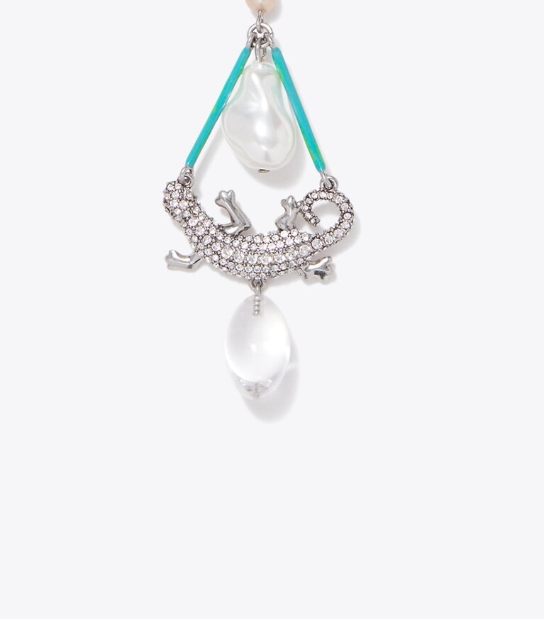 Tory Burch diseñador collares Collar Curiosity Salamander en Antique Silver / Green / Crystal detalle