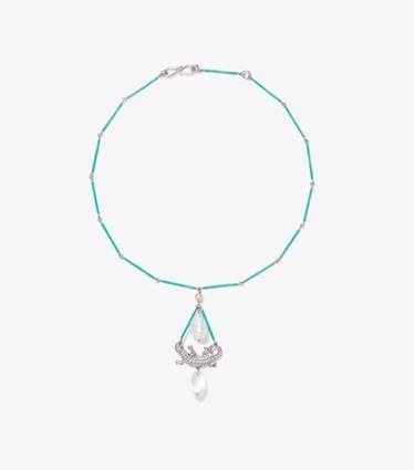 Tory Burch diseñador collares Collar Curiosity Salamander en Antique Silver / Green / Crystal frente