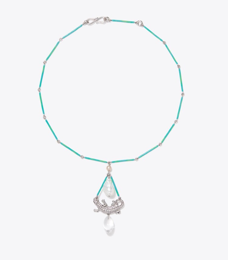 Tory Burch diseñador collares Collar Curiosity Salamander en Antique Silver / Green / Crystal frente