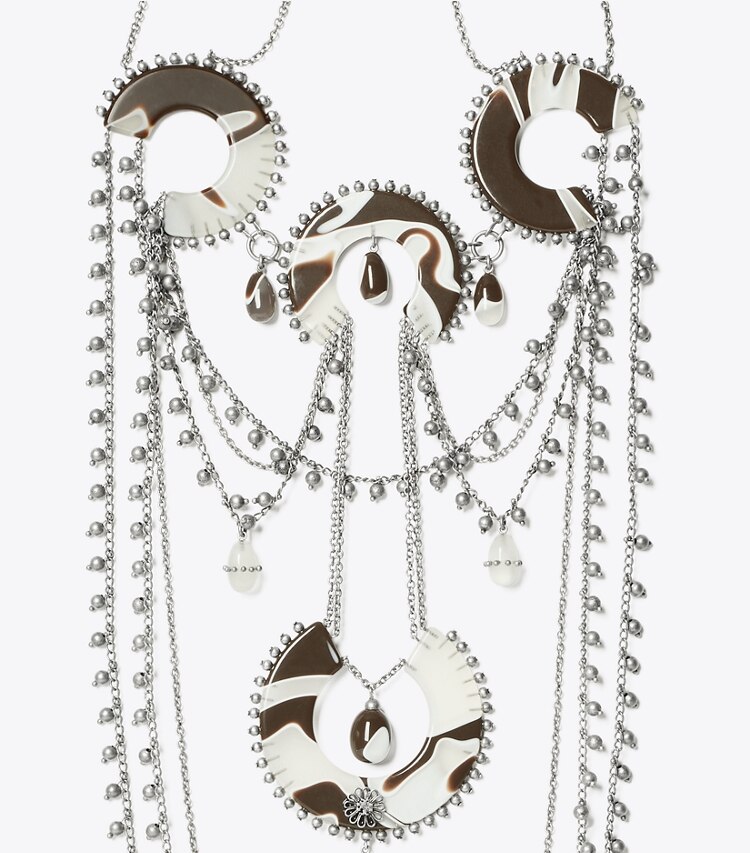 Tory Burch diseñador collares Collar de cuentas y resina en Antique Tory Silver / Multi detalle