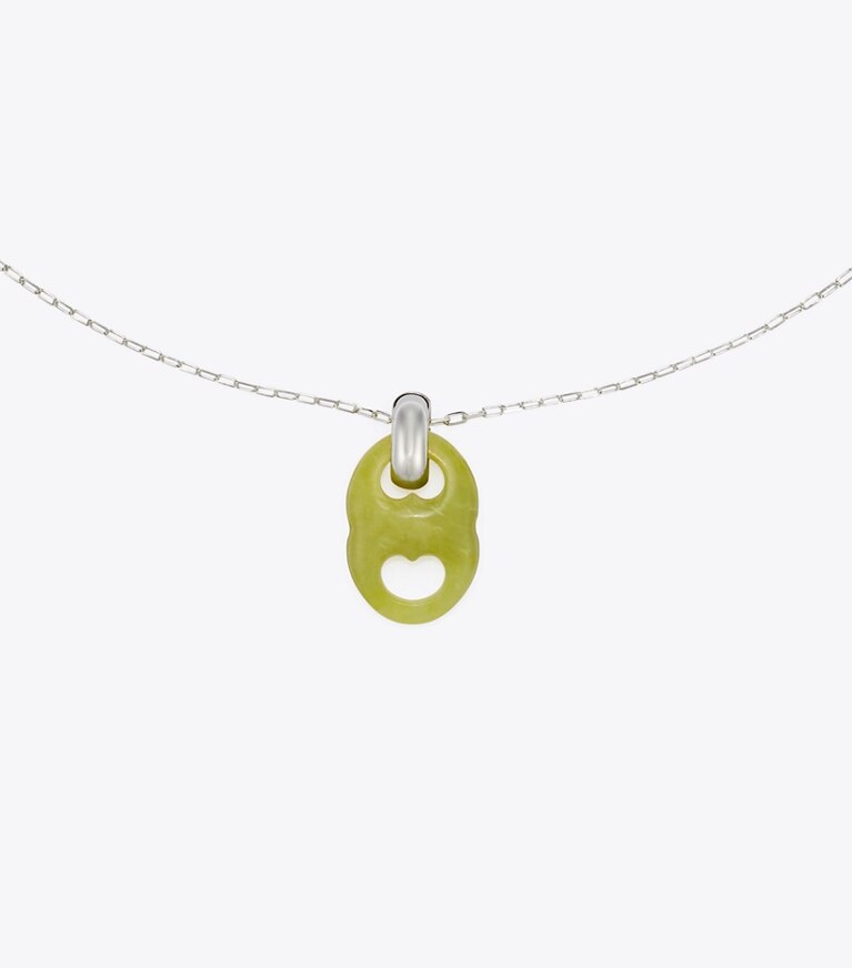 Tory Burch diseñador collares Collar de eslabones con colgante Gemini en Light Silver / Green detalle