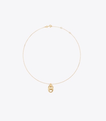 Tory Burch diseñador collares Collar de eslabones con colgante Gemini en Light Brass frente