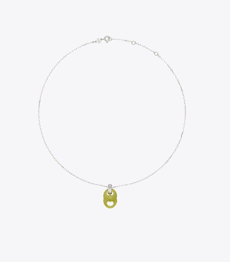 Tory Burch diseñador collares Collar de eslabones con colgante Gemini en Light Silver / Green frente