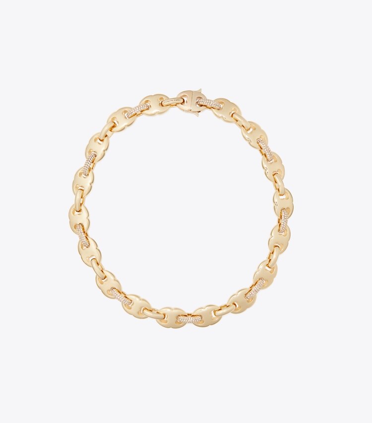 Tory Burch diseñador collares Collar de eslabones Gemini con pavé en Light Brass / Crystal frente