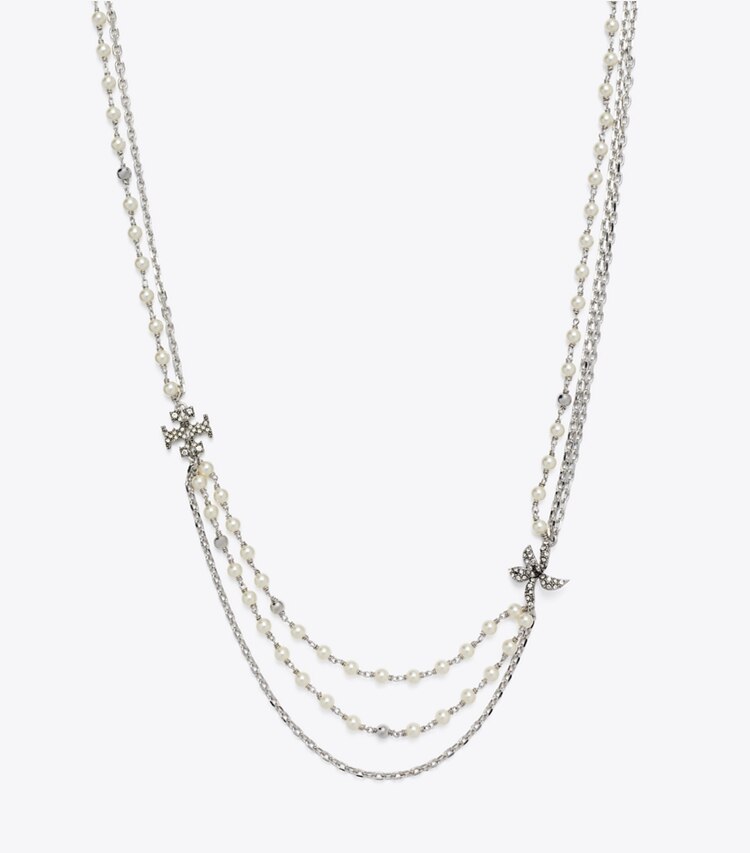 Tory Burch diseñador collares Collar de perlas de varias vueltas Moondance en Tory Silver / Pearl / Crystal detalle