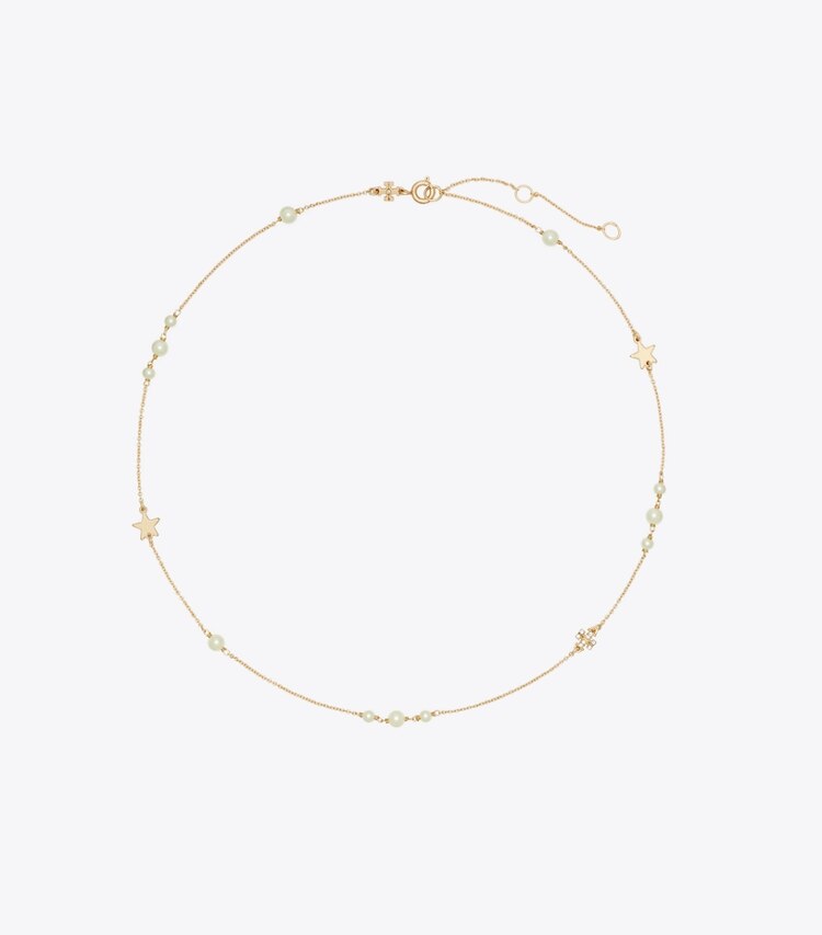 Tory Burch diseñador collares Collar delicado con perlas y estrellas Moondance en Tory Gold / Crystal / Pearl frente