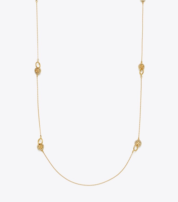 Tory Burch diseñador collares Collar entrelazado largo con pavé Icon en Tory Gold / Crystal frente