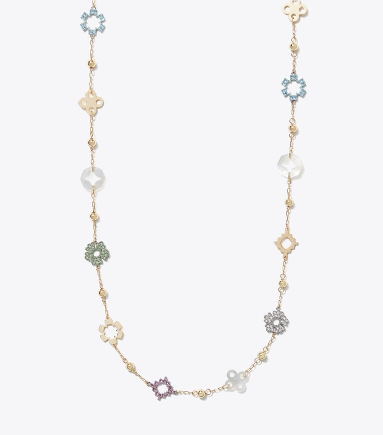 Tory Burch diseñador collares Collar largo con pavé Forget Me Not en Tory Gold / Multi frente