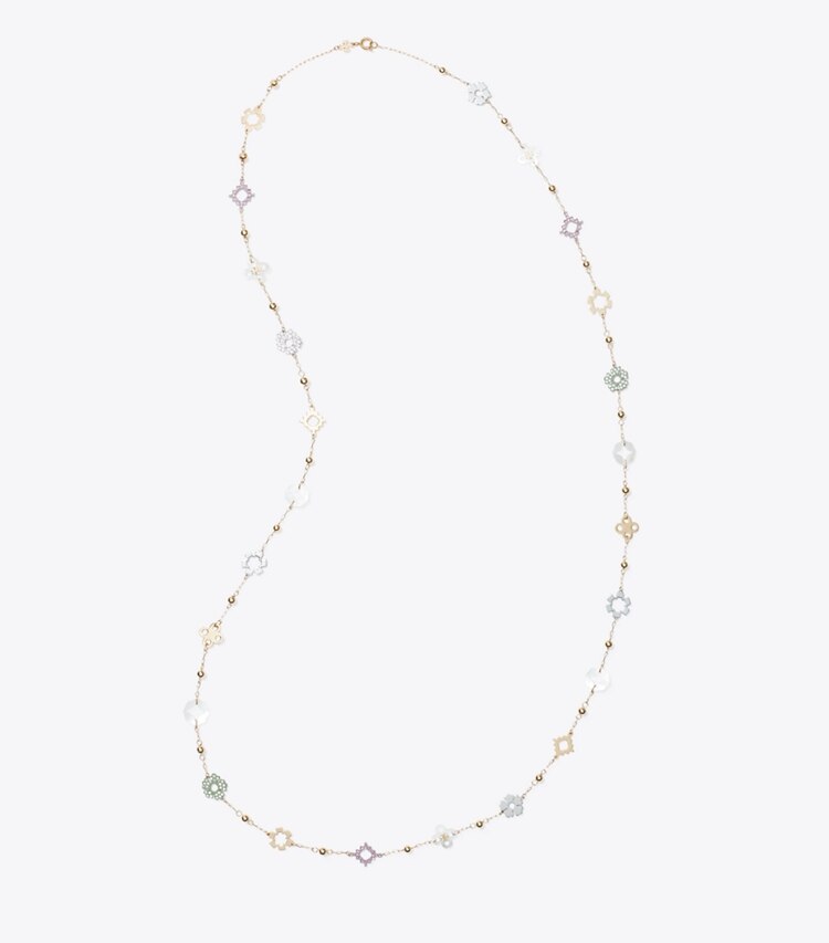 Tory Burch diseñador collares Collar largo con pavé Forget Me Not en Tory Gold / Multi vista superior
