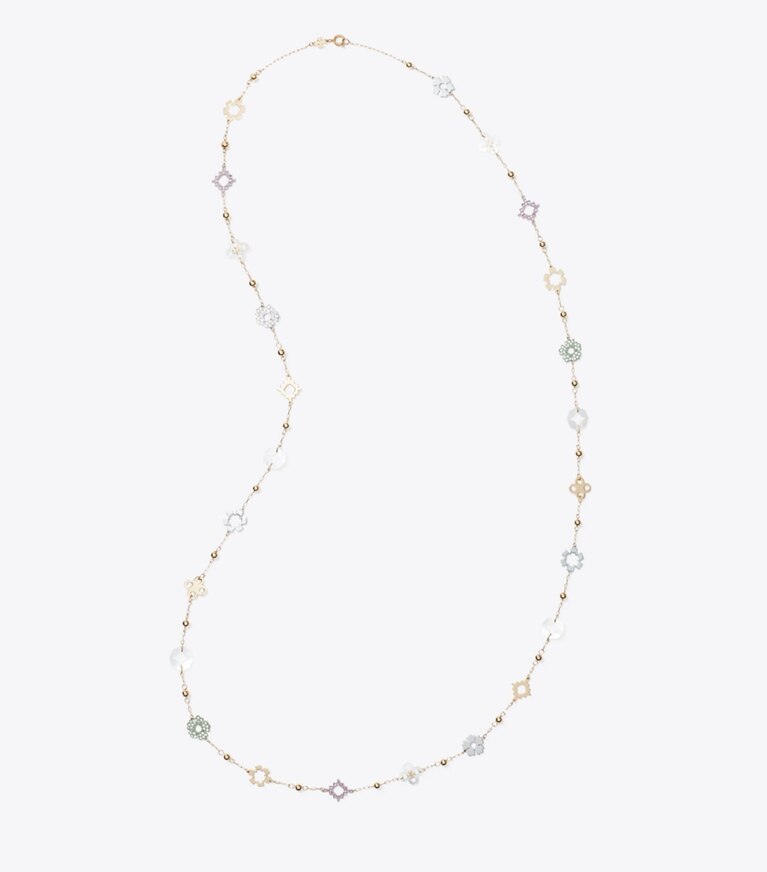 Tory Burch diseñador collares Collar largo con pavé Forget Me Not en Tory Gold / Multi vista superior