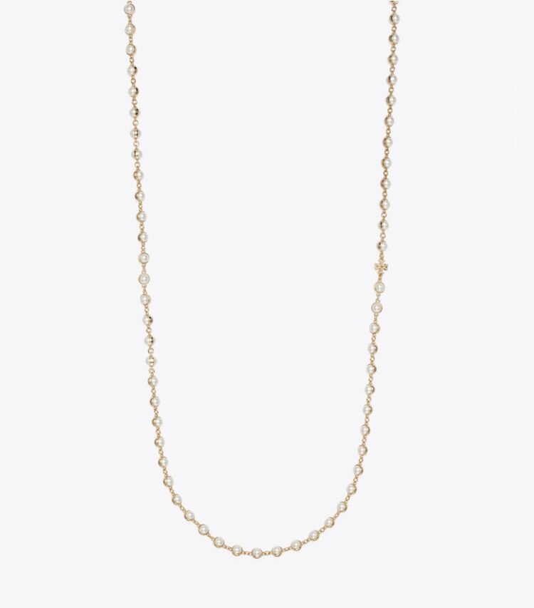 Tory Burch diseñador collares Collar largo con perlas en Light Brass / Pearl frente
