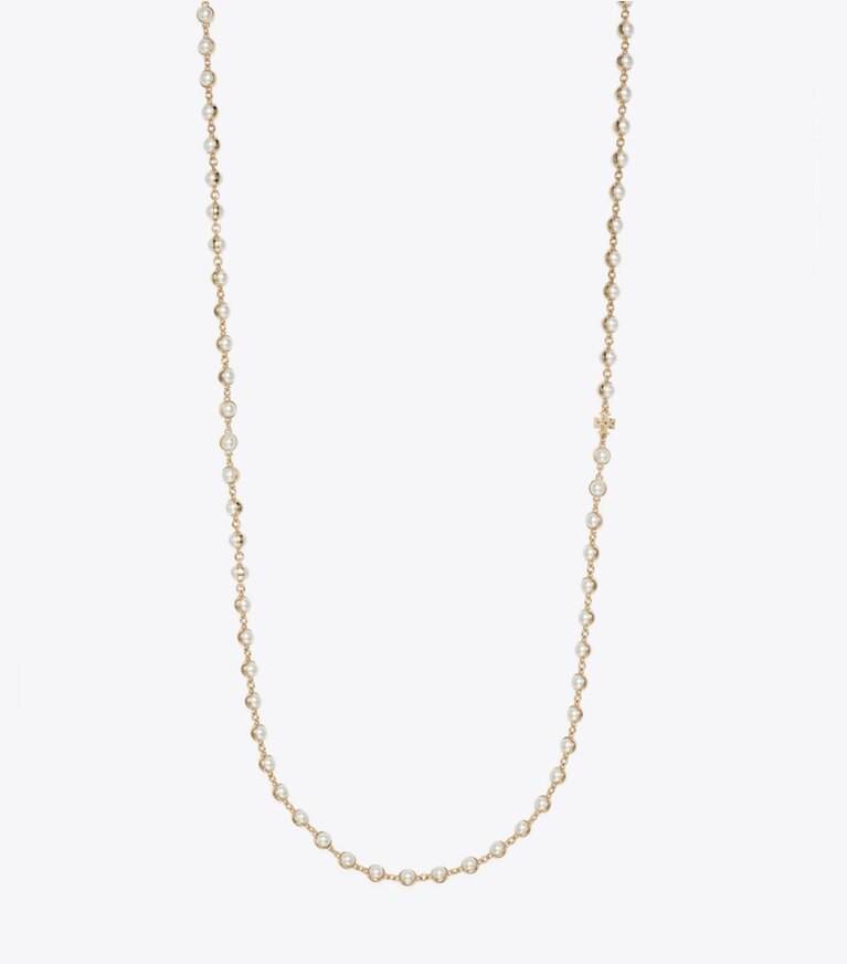 Tory Burch diseñador collares Collar largo con perlas en Light Brass / Pearl frente