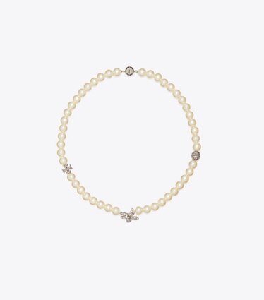 Tory Burch diseñador collares Collar Moondance con flor en pavé y perla en Tory Silver / Pearl / Crystal frente