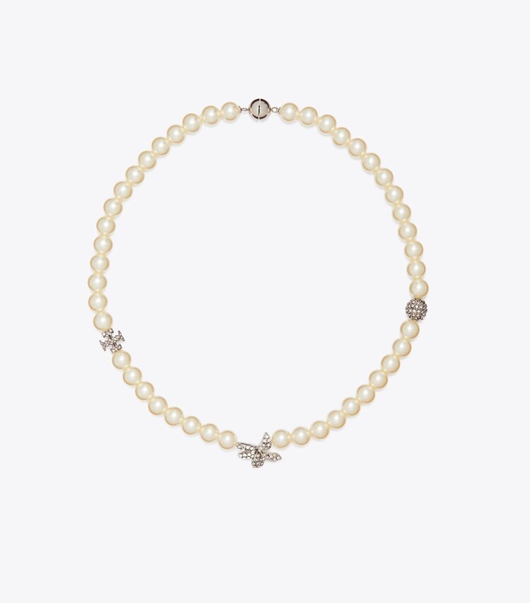 Tory Burch diseñador collares Collar Moondance con flor en pavé y perla en Tory Silver / Pearl / Crystal frente