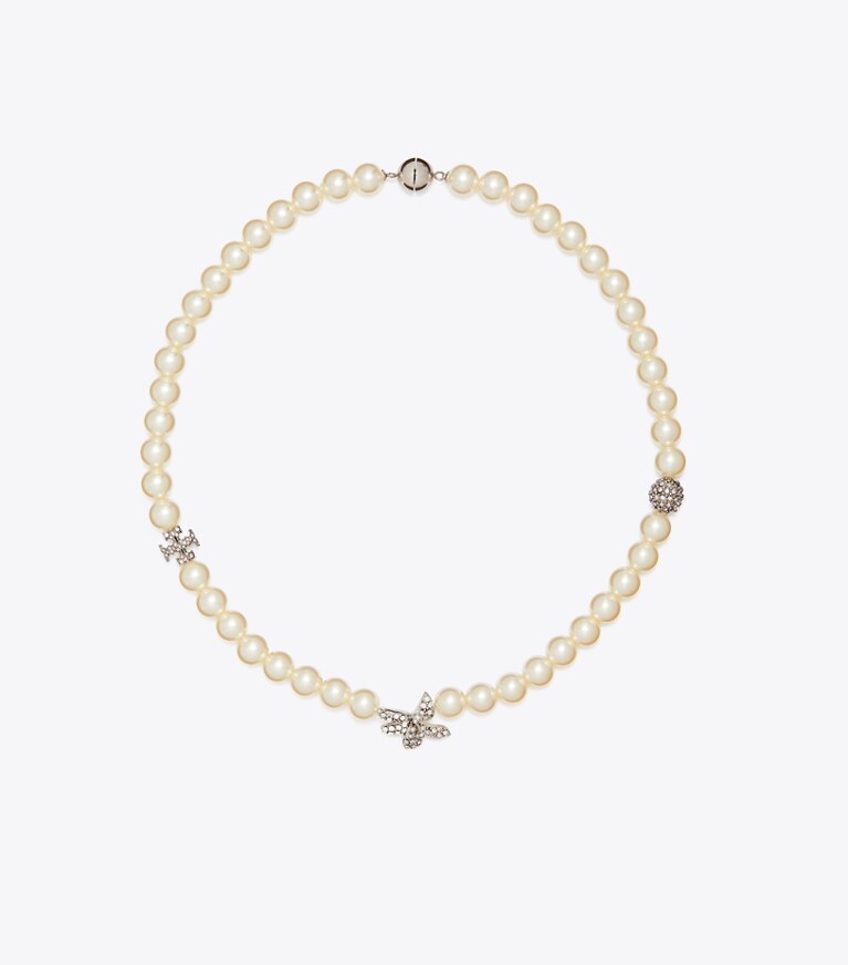 Tory Burch diseñador collares Collar Moondance con flor en pavé y perla en Tory Silver / Pearl / Crystal frente