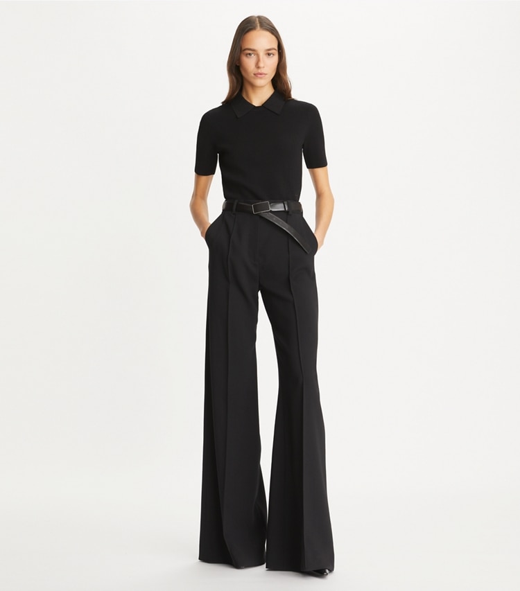 Tory Burch designer sweaters Collared Crewneck in Black on model front