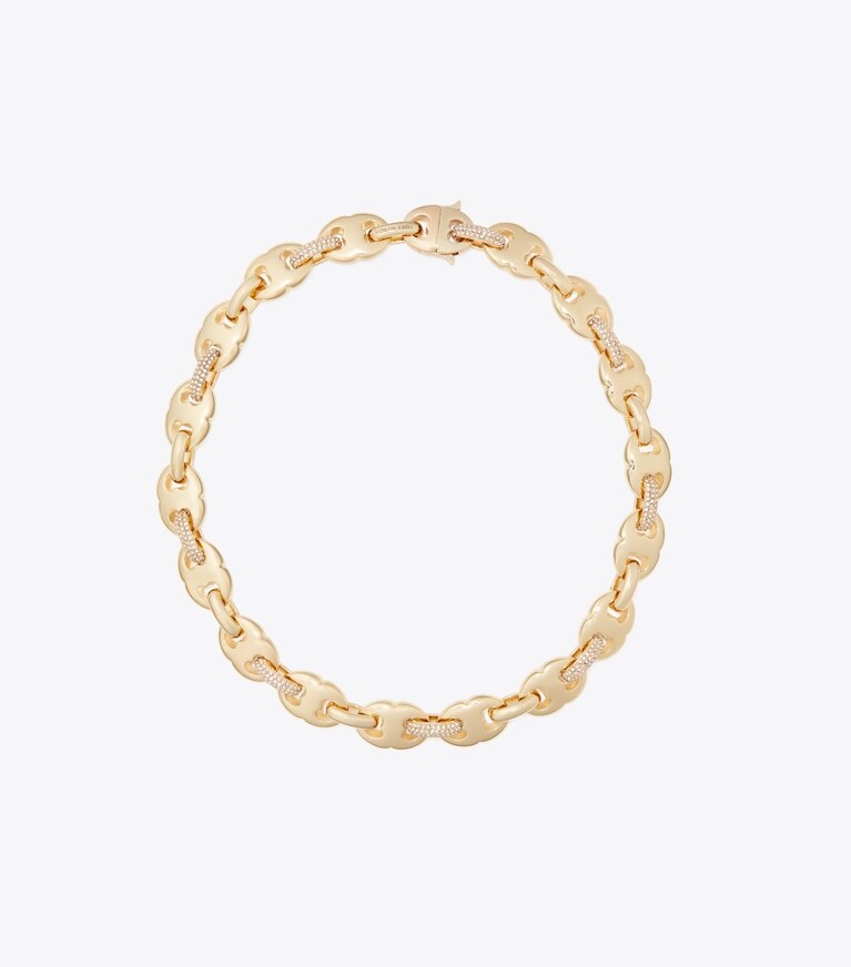 Tory Burch designer colliers Collier Gemini Link pavé dans Light Brass / Crystal de face