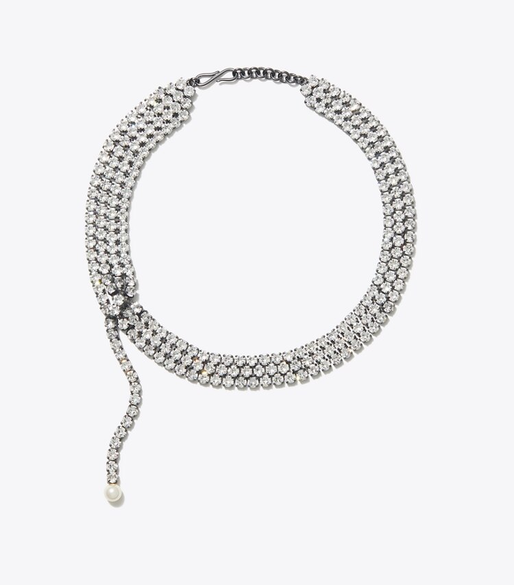 Tory Burch designer colliers Collier Moondance en cristal et perles dans Hematite / Crystal / Cream de face