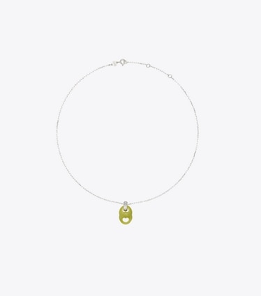 Tory Burch designer colliers Collier à pendentif à maillon Gémeaux dans Light Silver / Green de face