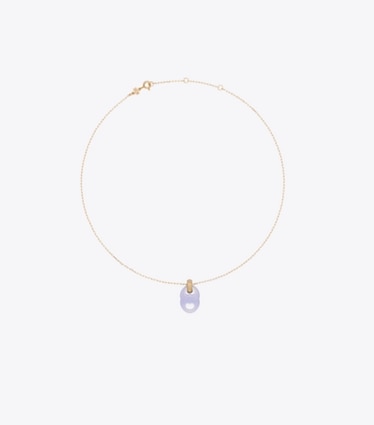 Tory Burch designer colliers Collier à pendentif à maillon Gémeaux dans Light Brass / Blue de face