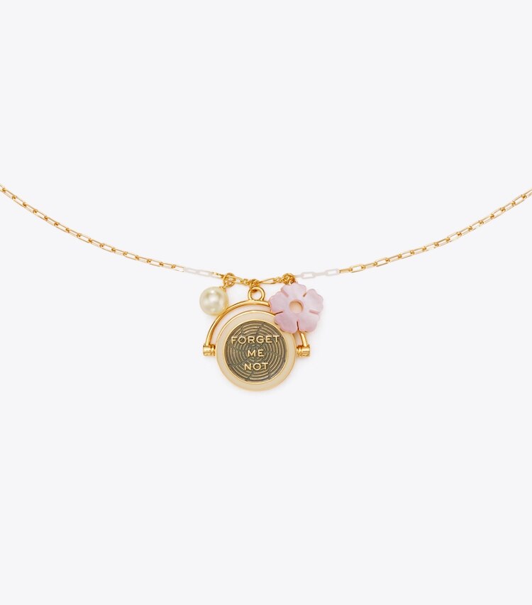 Tory Burch designer colliers Collier à pendentif Forget Me Not dans Tory Gold / Pink / Cream détails