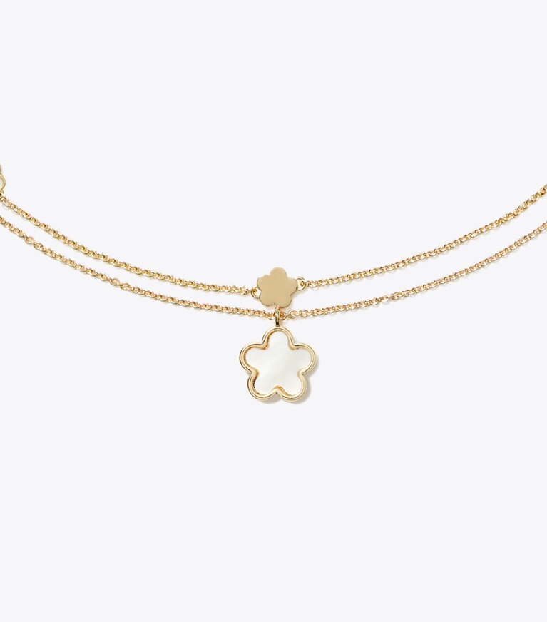 Tory Burch designer colliers Collier double avec pendentifs fleurs Forget Me Not in Tory Gold / Mother of Pearl front