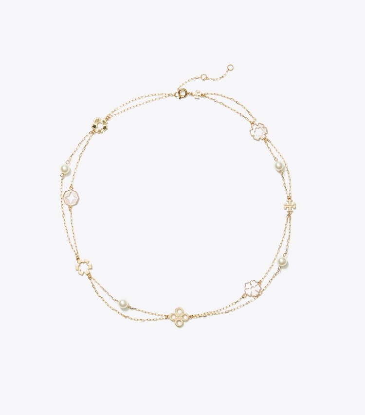 Tory Burch designer colliers Collier double chaîne Kira Clover in Tory Gold / Pink / Ivory front