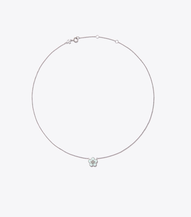 Tory Burch designer colliers Collier Forget Me Not à pendentif fleur en émail in Tory Silver / Light Green front