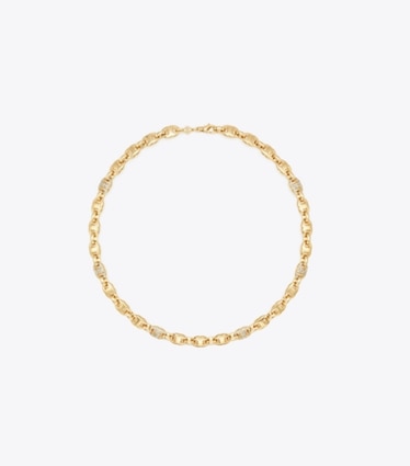 Tory Burch designer colliers Collier Gemini Link pavé dans Light Brass / Crystal de face