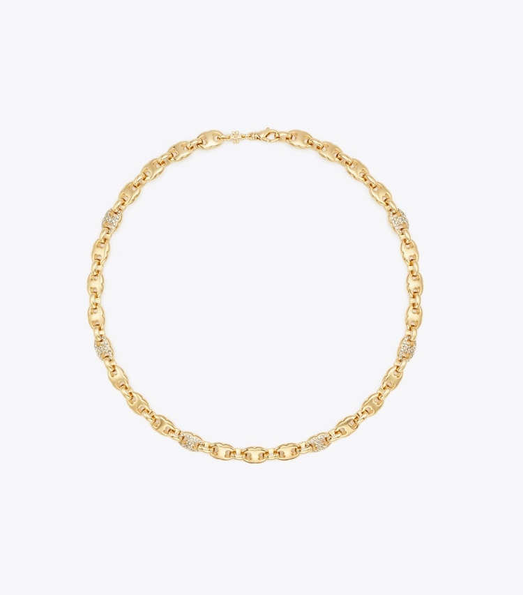 Tory Burch designer colliers Collier Gemini Link pavé dans Light Brass / Crystal de face