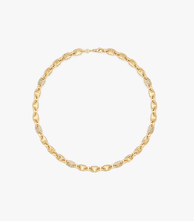 Tory Burch designer colliers Collier Gemini Link pavé dans Light Brass / Crystal de face